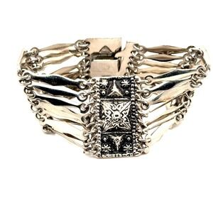 Vintage Sterling Silver Multi Strand Repousse Panel Bracelet 8 Inch 53g Boho